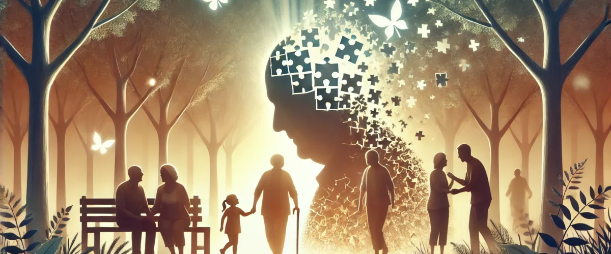 DALL·E 2024-10-31 02.32.34 - A conceptual landscape illustration representing Alzheimer's and the importance of social connectivity, featuring an elderly person surrounded by fami