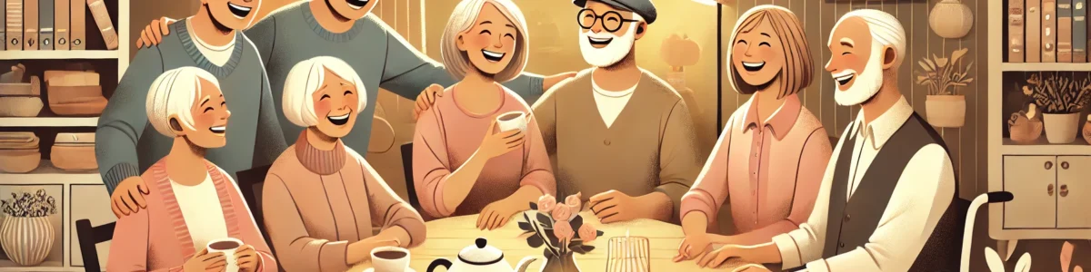 DALL·E 2024-11-04 23.17.19 - A warm, inviting landscape-mode illustration of a group of elderly friends gathered around a table, laughing and connecting in a cozy environment. Ins
