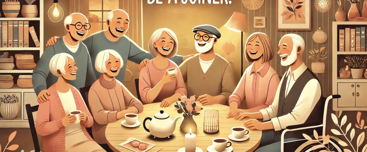 DALL·E 2024-11-04 23.17.19 - A warm, inviting landscape-mode illustration of a group of elderly friends gathered around a table, laughing and connecting in a cozy environment. Ins