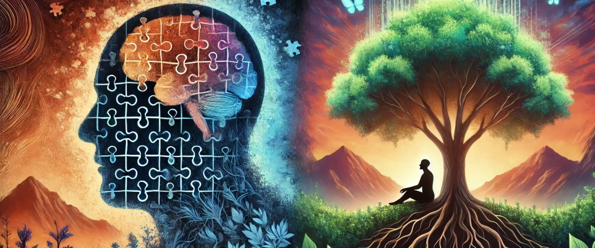 DALL·E 2024-12-03 22.41.08 - A detailed and artistic landscape illustration depicting Alzheimer's and stress management. On the left side, it shows a fragmented human head silhoue