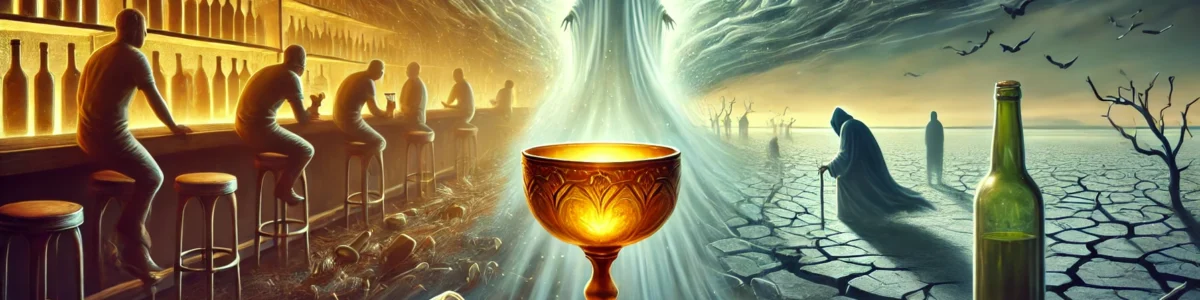 DALL·E 2025-01-07 00.17.46 - A surreal and cautionary landscape illustration depicting the myth of drinking alcohol. In the foreground, a glowing, golden chalice stands on a table