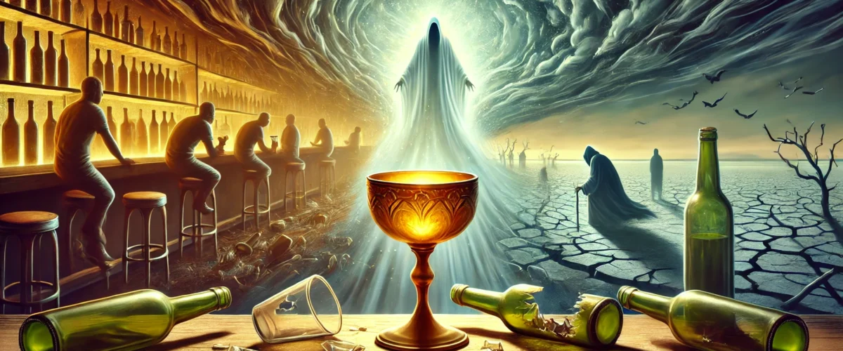 DALL·E 2025-01-07 00.17.46 - A surreal and cautionary landscape illustration depicting the myth of drinking alcohol. In the foreground, a glowing, golden chalice stands on a table